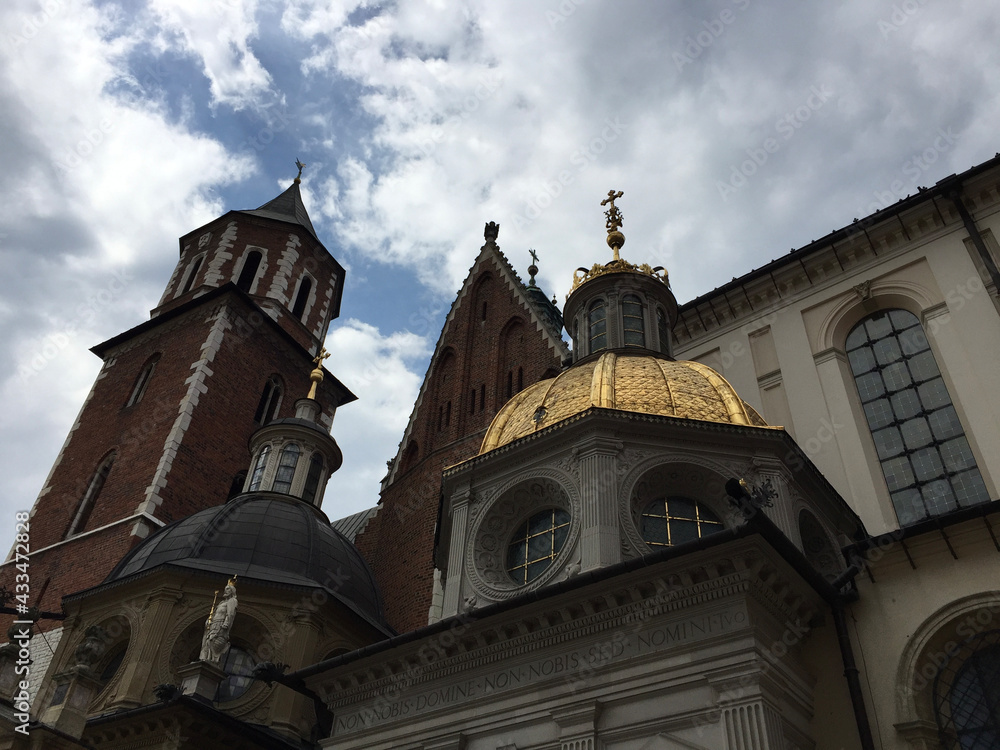 Wawel Cathedral on Wawel Hill: Sigismund's Chapel (right, with a gold dome) and Vasa Dynasty chapel and Silver Bell Tower (to the left) in Krakow, Poland