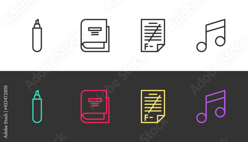 Set line Marker pen, Book, Exam paper with incorrect answers and Music note, tone on black and white. Vector