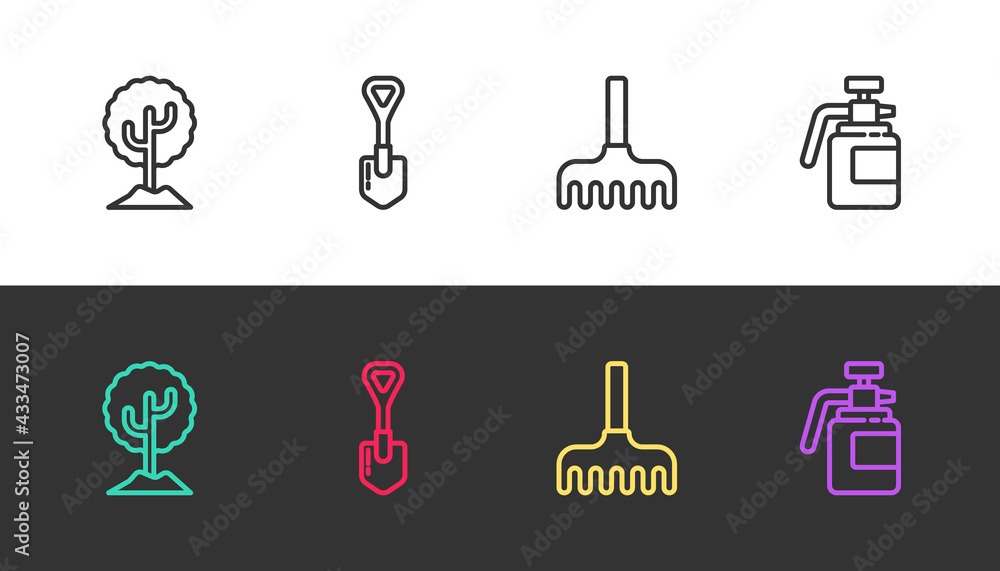 Set line Tree, Shovel, Garden rake and sprayer for fertilizer on black and white. Vector Set line Tree, Shovel, Garden rake and sprayer for fertilizer on black and white. Vector