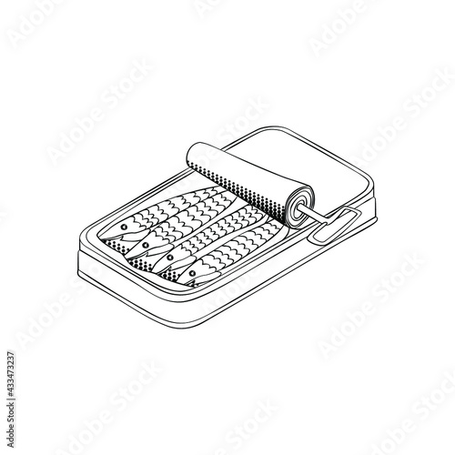 Canned sardines - isometric hand drawn B&W vector illustration.