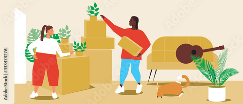 Apartment Moving Multicultural Couple, Flat Vector Stock Illustration with Moving and Unpacking Boxes in Room with Cat, Sofa