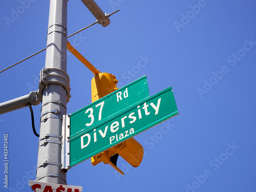 Fototapeta Diversity Plaza street sign, Jackson Heights, Queens, New York, USA