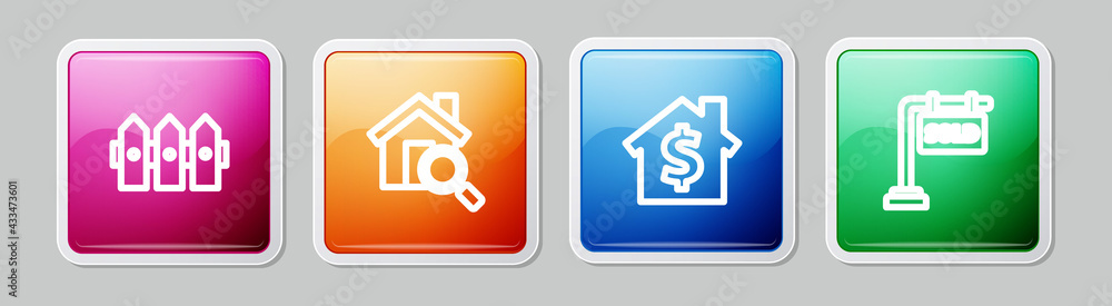 Set line Garden fence wooden, Search house, House with dollar symbol and Hanging sign Sold. Colorful square button. Vector Set line Garden fence wooden, Search house, House with dollar symbol and Hanging sign Sold. Colorful square button. Vector