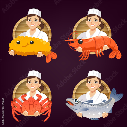 female japanese chef serve fresh ingredients. Seafood restaurant logo concept design.