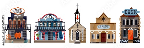 Wild west buildings on road horizontal background. Western American town panorama isolated vector illustration. Church, saloon, hotel, bank and sheriff house