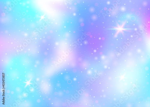 Holographic background with rainbow mesh. Liquid universe banner in princess colors. Fantasy gradient backdrop with hologram. Holographic unicorn background with fairy sparkles, stars and blurs.