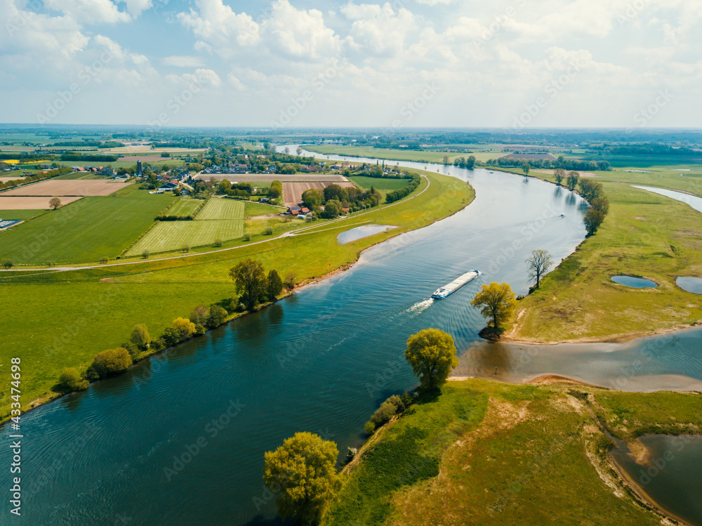 Aerial drone view of the beautiful river in the Loonsewaard, the Netherlands