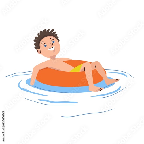 Kid swimming in pool at outdoor party. Boy diving into water to swim on vacation day. Summer resort beach scene vector illustration. Happy active child having fun on holiday on floating ring.