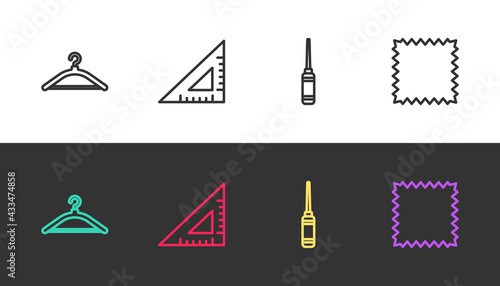 Set line Hanger wardrobe, Triangular ruler, Awl tool and Leather on black and white. Vector