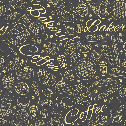 Bakery and coffee seamless pattern. Cafe and pastry hand drawn background. Vector illustration.