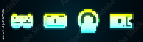 Set line Comedy and tragedy masks, VHS video cassette tape, CD or DVD disk and Cinema ticket. Glowing neon icon. Vector