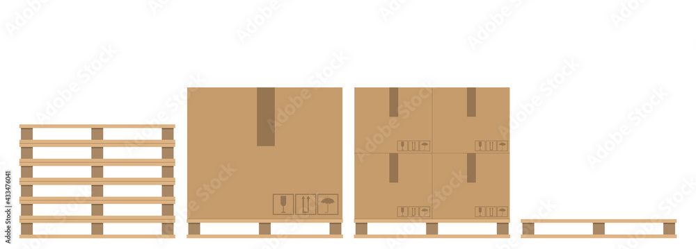 A set of wooden pallets with cardboard boxes of different shapes isolated on white background. Cardboard parcels. Packaging cargo. Vector illustration. - obrazy, fototapety, plakaty 