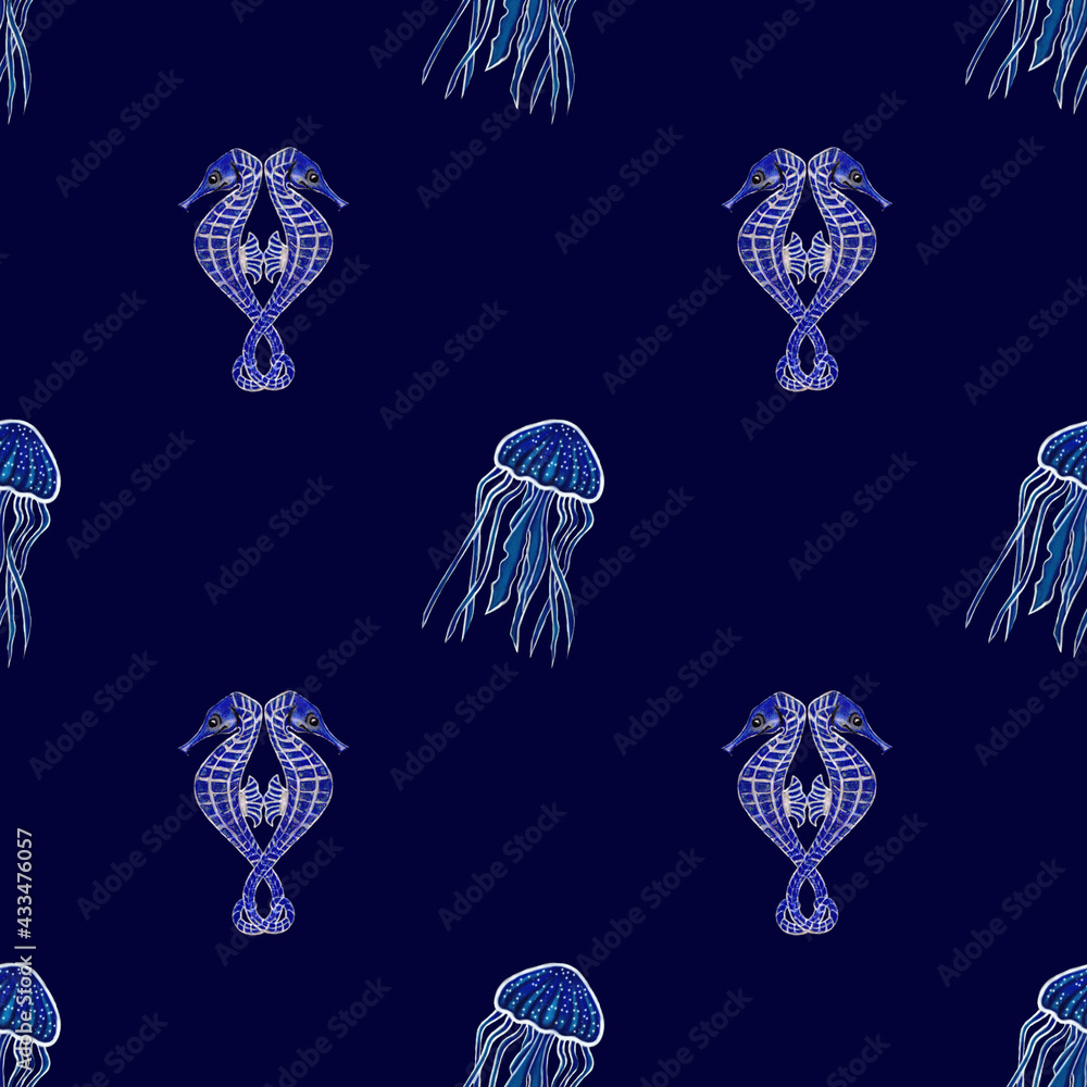 Pattern hand drawn illustration a bright glowing blue jellyfish and a pair of cute seahorses back to back
