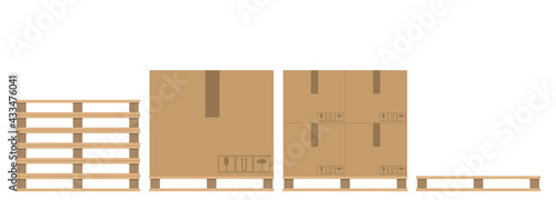 A set of wooden pallets with cardboard boxes of different shapes isolated on white background. Cardboard parcels. Packaging cargo. Vector illustration.