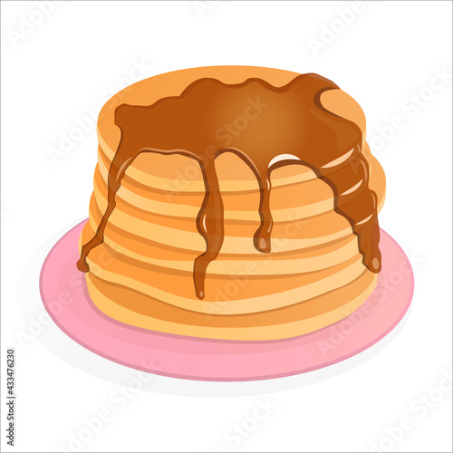Cartoon pancakes with jam or syrup on a pink plate. Vector illustration of delicious breakfast, American brunch isolated on white background. Food, baking and sweets concept.