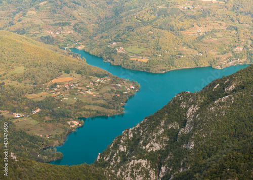 Tara mountain in western Serbia. Viewpoint Biljeska stena. View at river Drina and lake Perucac