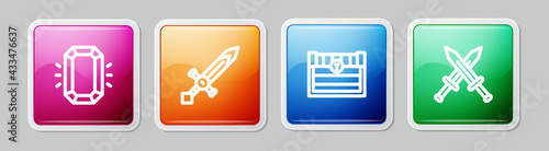 Set line Diamond, Medieval sword, Antique treasure chest and Crossed medieval. Colorful square button. Vector