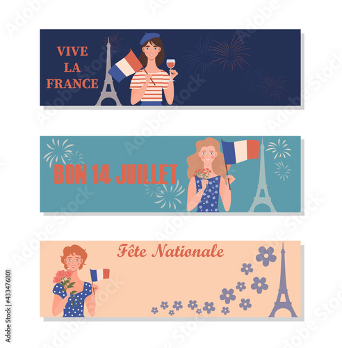 Set of Bastille Day banners with girls holding the flag of France. Eiffel Tower on the background. Le 14 Juillet. July 14, French national day