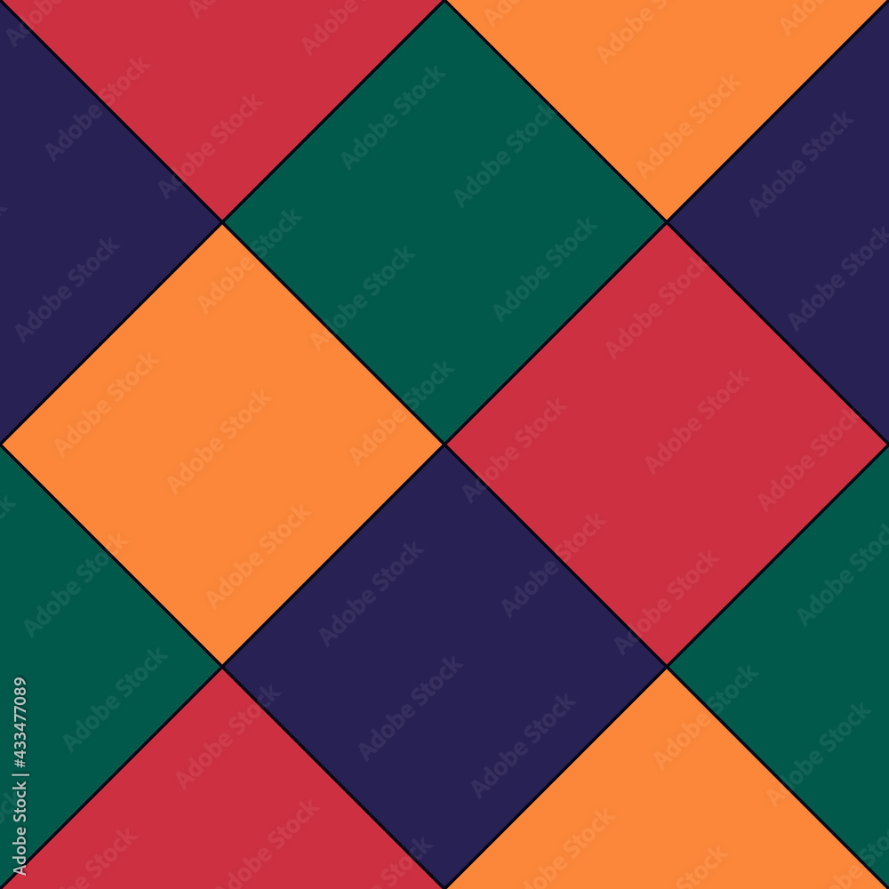 Diamonds, rhombuses seamless pattern. Tiles, squares, checks backdrop. Folk ornament. Geometric image. Ethnic ornate. Tribal wallpaper. Geometrical background. Retro motif. Ethnical textile print.