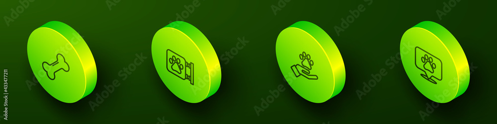 Set Isometric line Dog bone, Veterinary clinic, Hands with animals footprint and Location veterinary icon. Vector