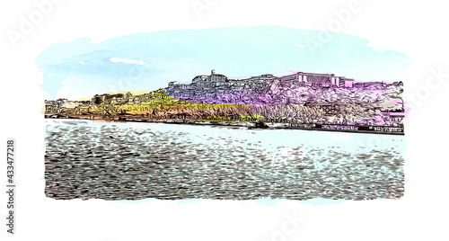 Building view with landmark of Coimbra is the 
city in Portugal. Watercolor splash with hand drawn sketch illustration in vector.