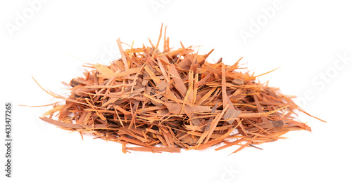 Lapacho herbal tea, isolated on white background. Natural Taheeboo dry tea. Pau d'arco herb. Tabebuia heptophylla.