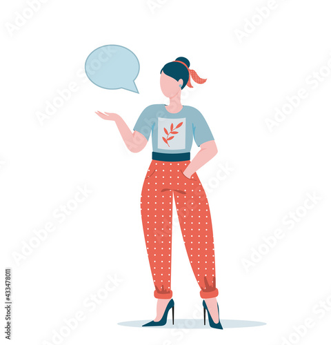 A stylish girl leads a monologue about fashion. A girl in heels in bright stylish and modern clothes with different prints. Flat vector illustration on a white background.