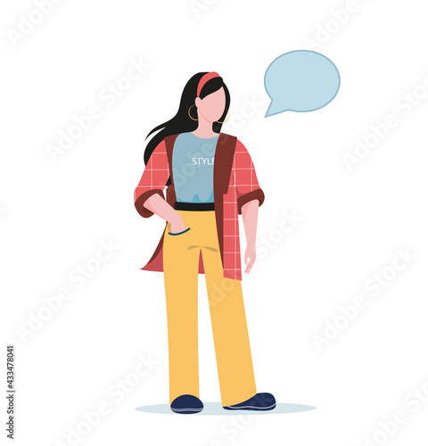 A stylish girl leads a monologue about fashion. A girl in a stylish plaid jacket and yellow trousers, clothes for everyday life and the office. Flat vector illustration on a white background.