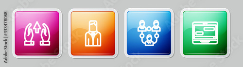 Set line Growth chart and progress, Worker, Project team base and Chat messages on laptop. Colorful square button. Vector