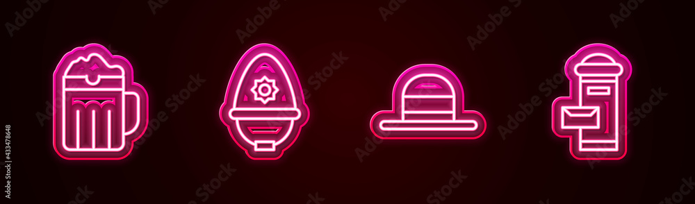 Set line Wooden beer mug, British police helmet, Elegant women hat and London mail box. Glowing neon icon. Vector Set line Wooden beer mug, British police helmet, Elegant women hat and London mail box. Glowing neon icon. Vector