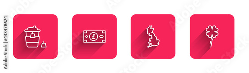 Set line Coffee cup to go, Pound sterling money, England map and Four leaf clover with long shadow. Red square button. Vector