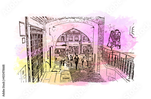 Building view with landmark of Coimbra is the 
city in Portugal. Watercolor splash with hand drawn sketch illustration in vector.