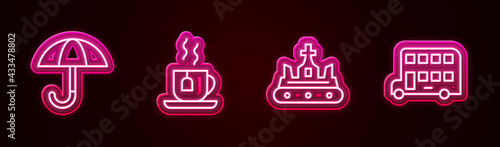 Set line Umbrella, Cup of tea with tea bag, British crown and Double decker bus. Glowing neon icon. Vector