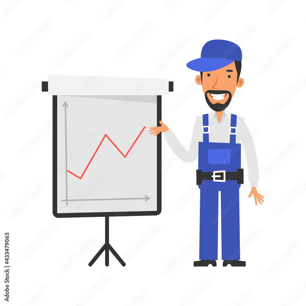 Business graph with positive indicator. Repairman points to flipchart and smiles. Vector characters Business graph with positive indicator. Repairman points to flipchart and smiles. Vector characters