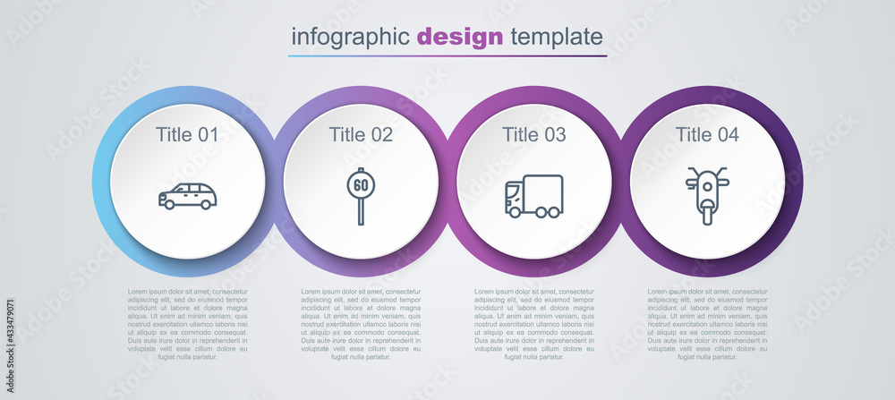 Set line Hatchback car, Speed limit traffic, Delivery cargo truck and Scooter. Business infographic template. Vector Set line Hatchback car, Speed limit traffic, Delivery cargo truck and Scooter. Business infographic template. Vector