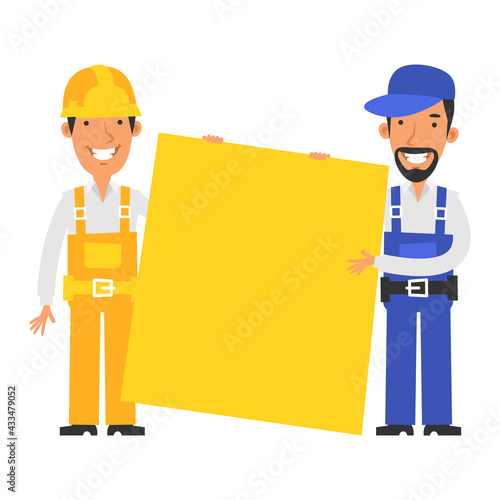 Builder and repairman hold large blank sign. Vector characters