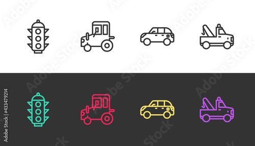 Set line Traffic light, Tractor, Hatchback car and Tow truck on black and white. Vector © Kostiantyn
