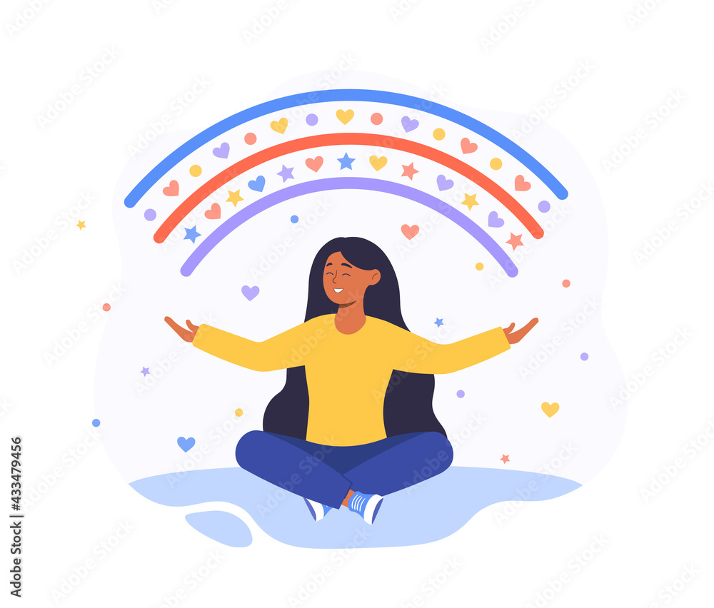Happy woman sits in lotus pose and open her arms Happy woman sits in lotus pose and open her arms