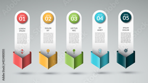 Infographic template with 5 arrows pointing down. Can be used for diagram, graph, chart, report, web design.
