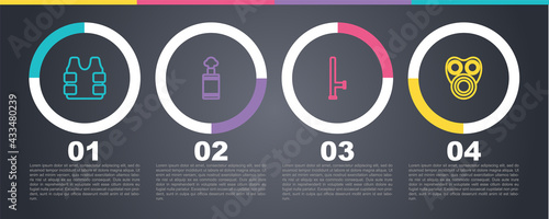 Set line Bulletproof vest, Hand grenade, Police rubber baton and Gas mask. Business infographic template. Vector