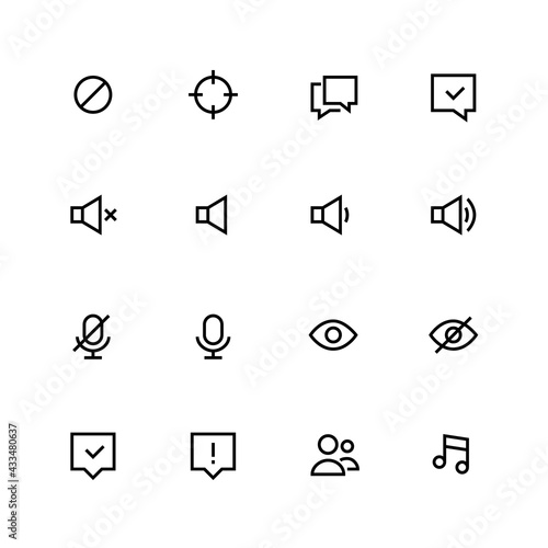 Pixel perfect editable stroke icons. Sound on off, chat, microphone, multimedia, warning messages, user friends.