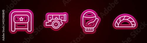 Set line Ushanka, Cannon, Christmas mitten and Dumpling. Glowing neon icon. Vector