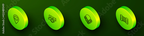 Set Isometric line Location Russia, Cannon, Russian bagels and Accordion icon. Vector
