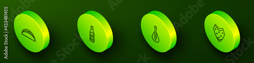 Set Isometric line Taco with tortilla, Tabasco sauce, Mexican guitar and Poncho icon. Vector
