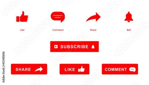 Like, Comment, Share, Bell, and Subscribe buttons For YouTube Channel Subscriptions. Set of Social Media Channel Icons. SVG Icons.