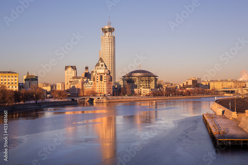 The building of the House of Music on the Moskva River in Moscow at dawn