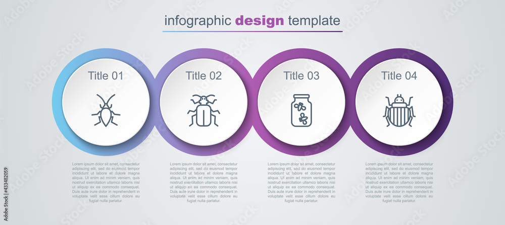 Set line Cockroach, Chafer beetle, Fireflies bugs in jar and Colorado. Business infographic template. Vector Set line Cockroach, Chafer beetle, Fireflies bugs in jar and Colorado. Business infographic template. Vector