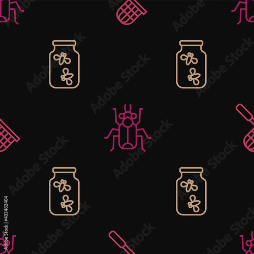 Set line Butterfly net, Fireflies bugs in a jar and Beetle on seamless pattern. Vector