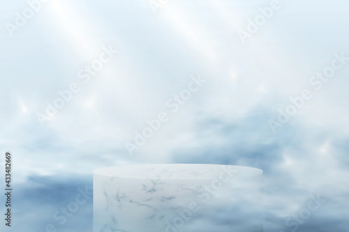 Abstract 3d podium on a blue background. Realistic scene with marble empty platform for showcasing cosmetics in the clouds in pastel colors.