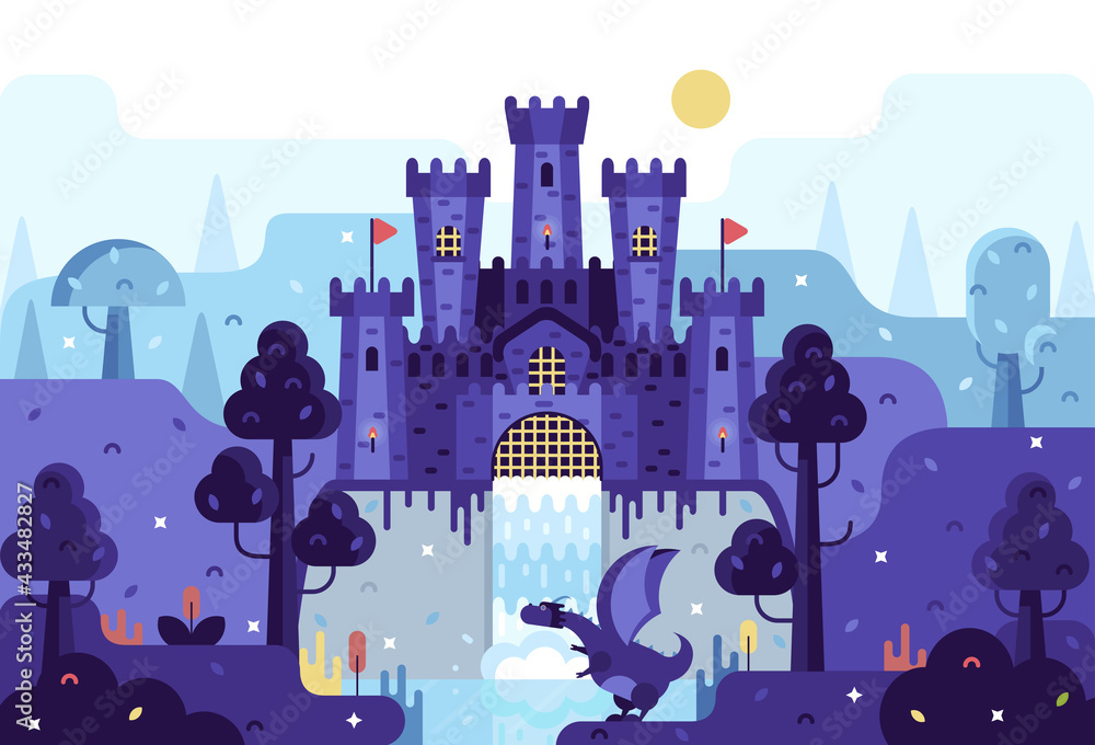 Vector cartoon illustration medieval castle on a rock, a dragon sits by ...